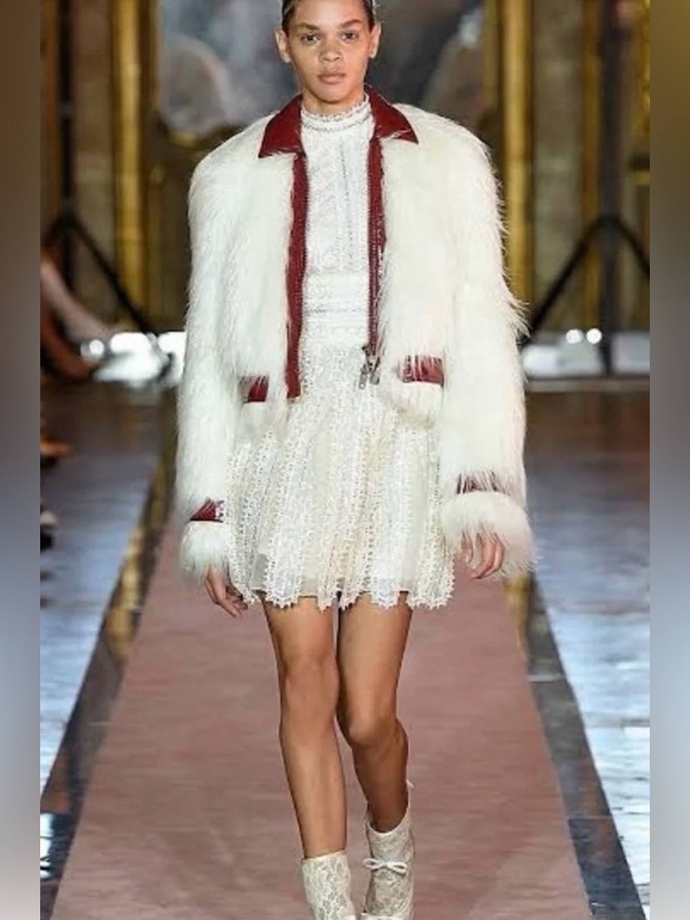 Cream White Teddy Faux Fur Jacket with Red Trim